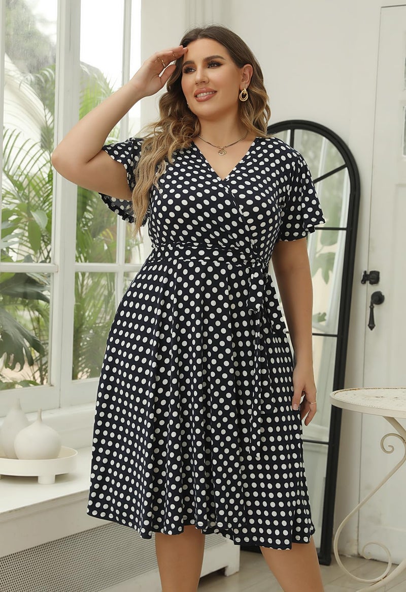 Nemidor Plus Size Dresses for Curvy Women Casual Summer V Neck Short Sleeve Midi Cocktail Vintage Dress with Pocket(073,20,Black Dot) - Image 4
